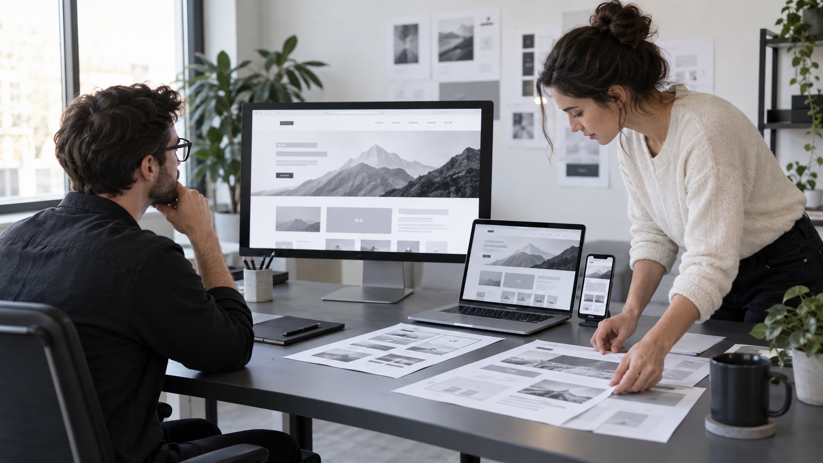 Web design and conversion specialists reviewing responsive page prototypes